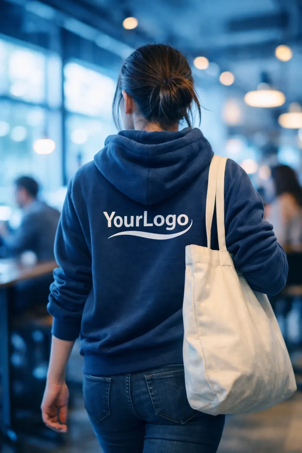 Person wearing a branded hoodie and carrying a tote bag