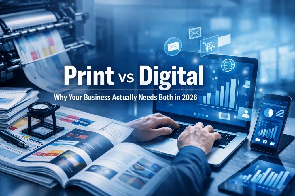 Print materials and digital marketing shown together on a desk